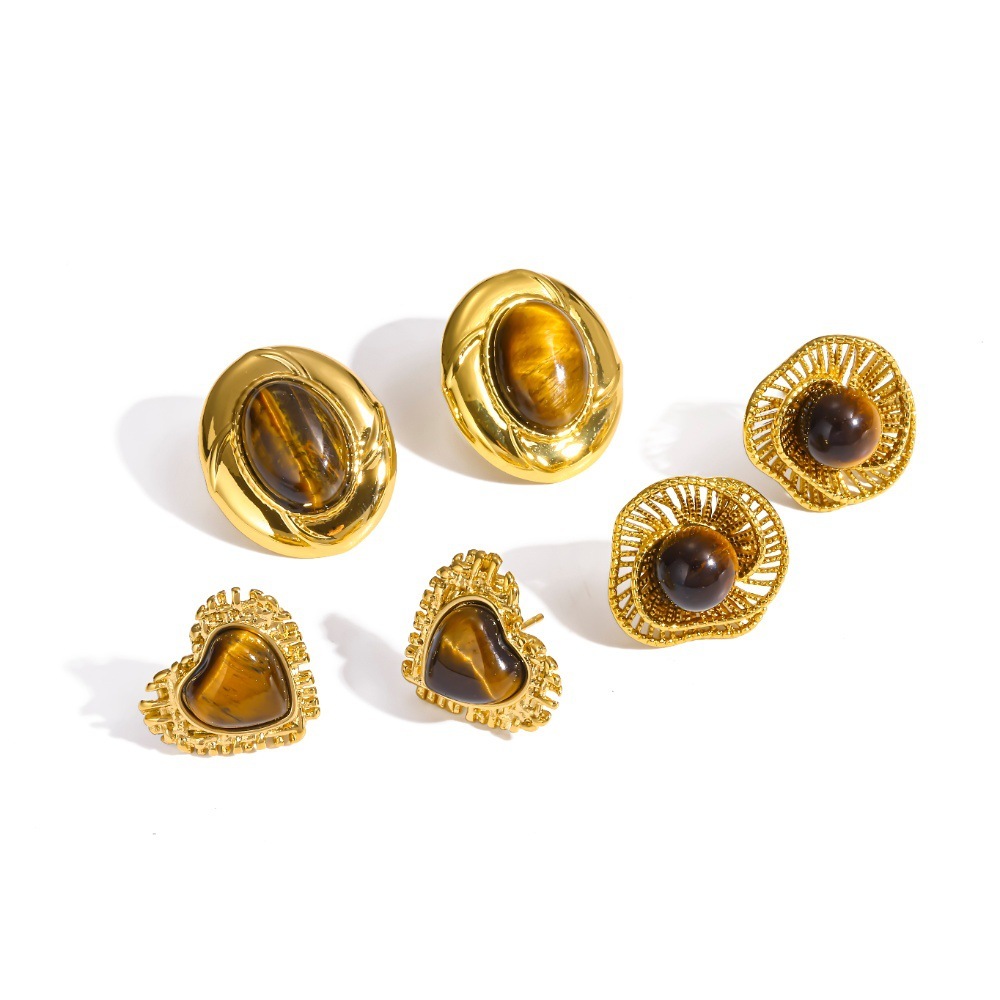Boucles D'Oreilles Puces Rétro En Acier Inoxydable, Étanches, Couleur Or, Avec Pierre Naturelle Image3
