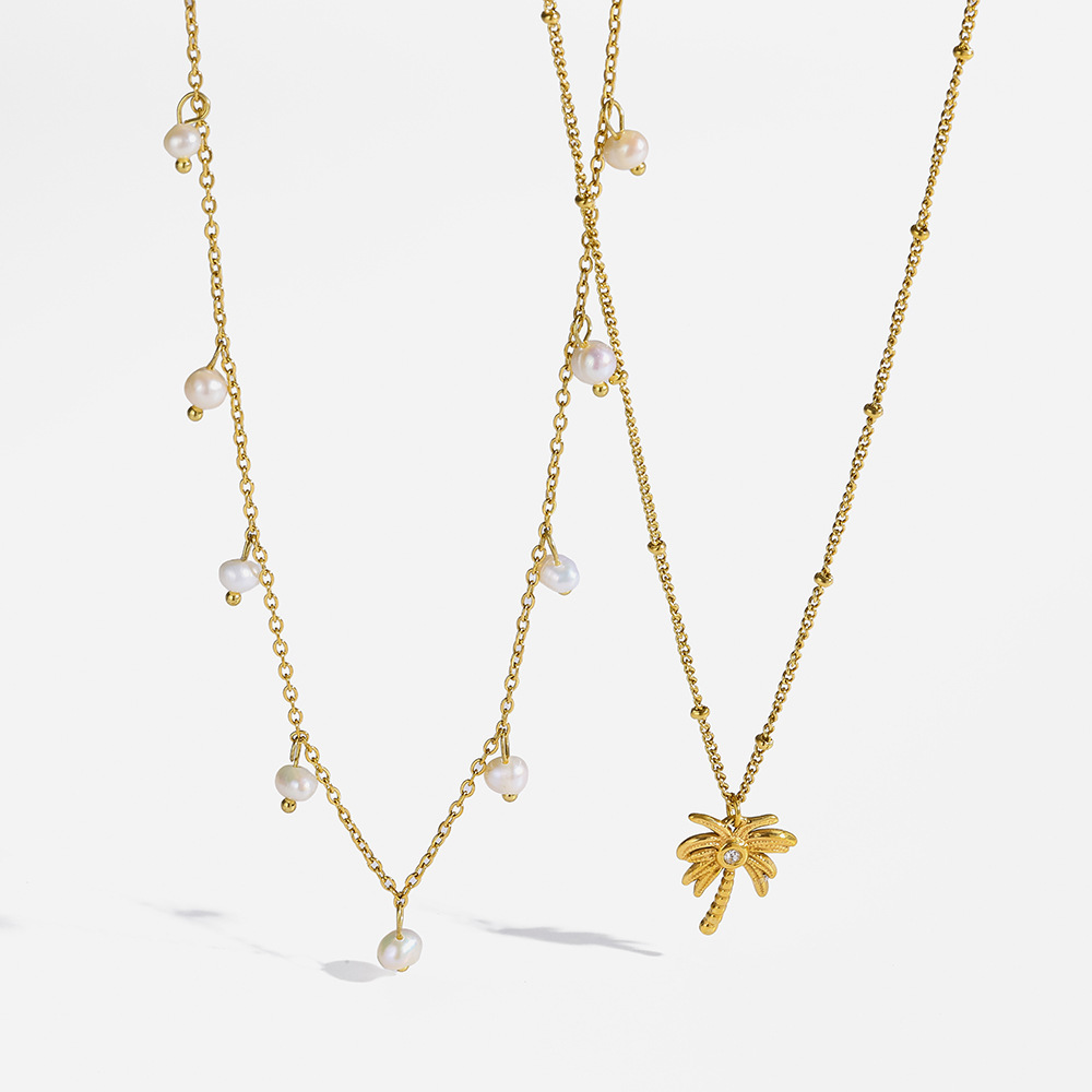 Colliers Pendentifs Pour Femmes, Collection Simple, Motif Plante À Pompon Quotidien, En Acier Inoxydable Étanche Couleur Or Et Zircon. Image4