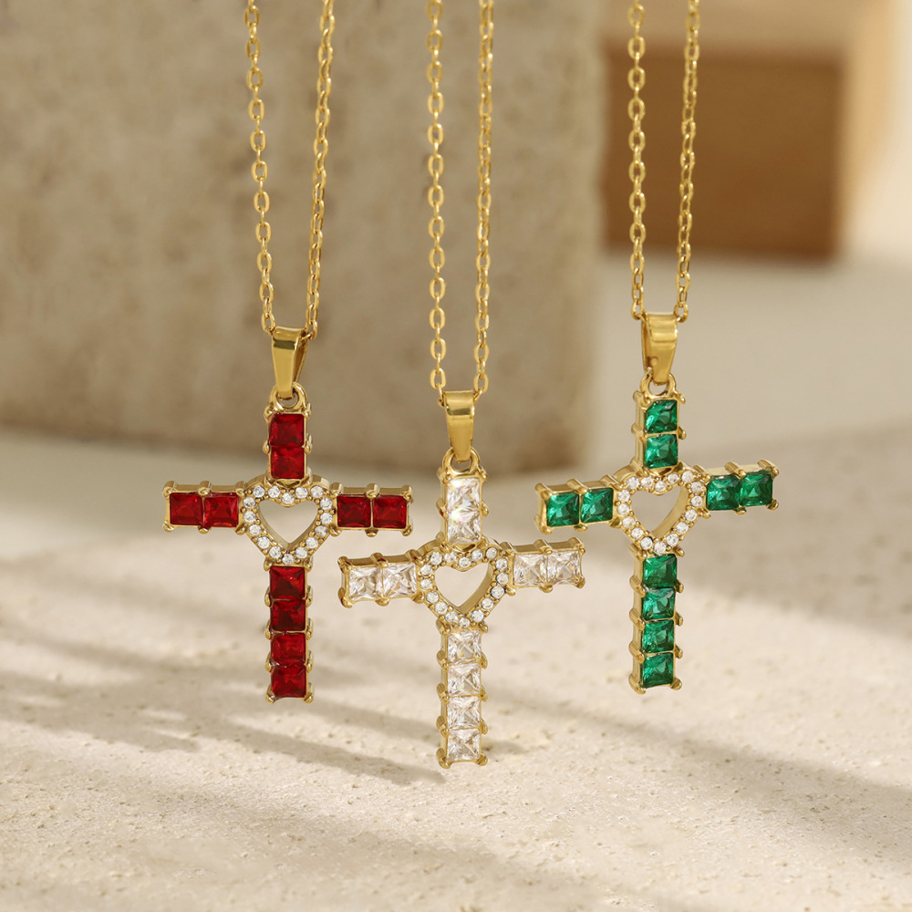 Colliers Pendentifs Pour Femmes En Forme De Croix Rétro, En Acier Inoxydable, Étanches, Couleur Or Et Zircon. h5Image4
