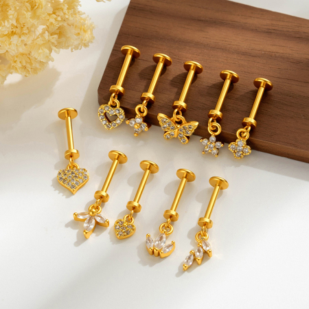 Boucles d'oreilles piercing femme en forme de papillon, couleur cuivre doré, zircon, motif fleur