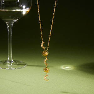 Colliers Pendentifs Pour Femmes En Acier Inoxydable Étanche, Forme Y, Ornés De Strass, Représentant Le Soleil Et La Lune h5 Image3