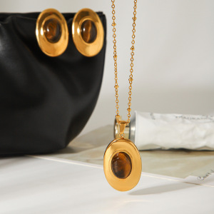 Ensemble De Colliers Pour Femmes En Acier Inoxydable Rétro, Étanche, Couleur Or Et Pierre Naturelle h5 Image4