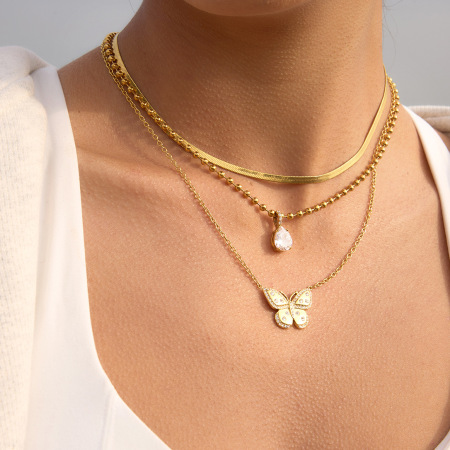 Colliers pendentifs romantiques pour femmes, en acier inoxydable, étanches, couleur or, avec papillon et zircon.