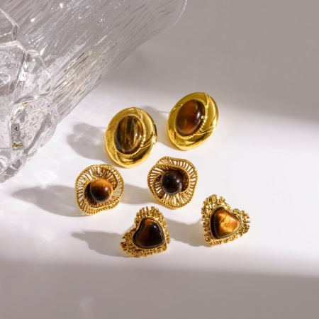 Boucles d'oreilles puces rétro en acier inoxydable, étanches, couleur or, avec pierre naturelle 2