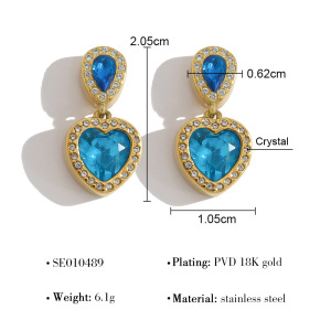 Boucles D'Oreilles Pendantes Pour Femme, En Acier Inoxydable, Imperméables, Couleur Or, Avec Cristal Et Motif Cœur Simple h5