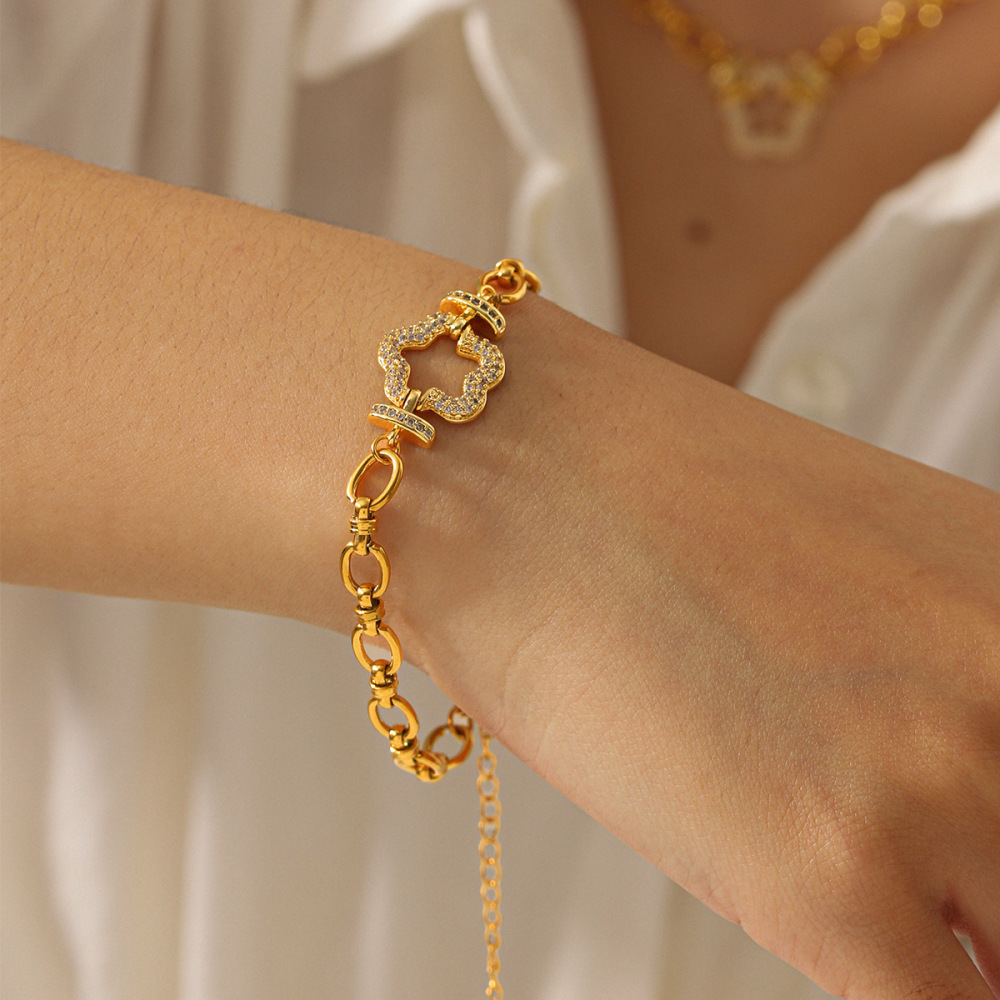 Colliers À Maillons Pour Femmes En Acier Inoxydable, Étanches, Couleur Or, Avec Zircon Et Motif Floral Image5