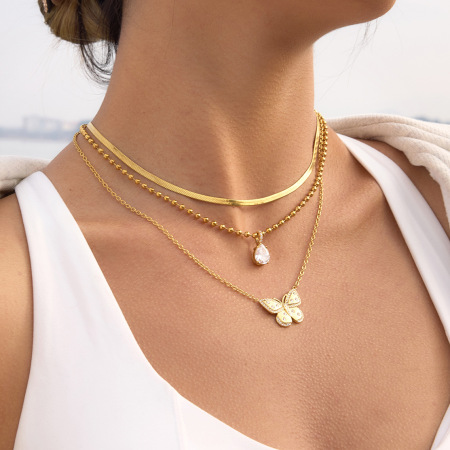 Colliers pendentifs romantiques pour femmes, en acier inoxydable, étanches, couleur or, avec papillon et zircon. 2