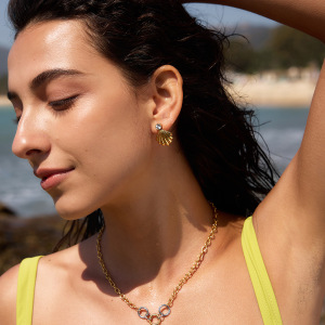 Boucles D'Oreilles Puces Pour Femmes En Acier Inoxydable, Imperméables, Couleur Or, Avec Zircon Et Motif Coquillage. h5 Image3