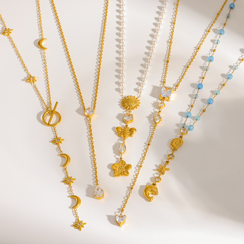 Colliers Pendentifs Romantiques Pour Femmes, En Acier Inoxydable, Étanches, Couleur Or, Avec Pompon Et Zircon. Image2