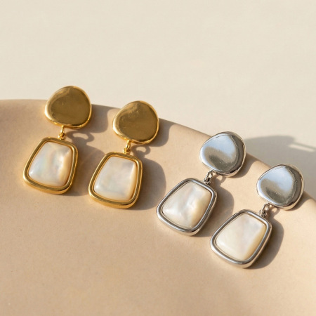 Boucles d'oreilles pendantes élégantes rectangulaires en acier inoxydable, étanches, couleur or, en forme de coquillage, pour femmes 2