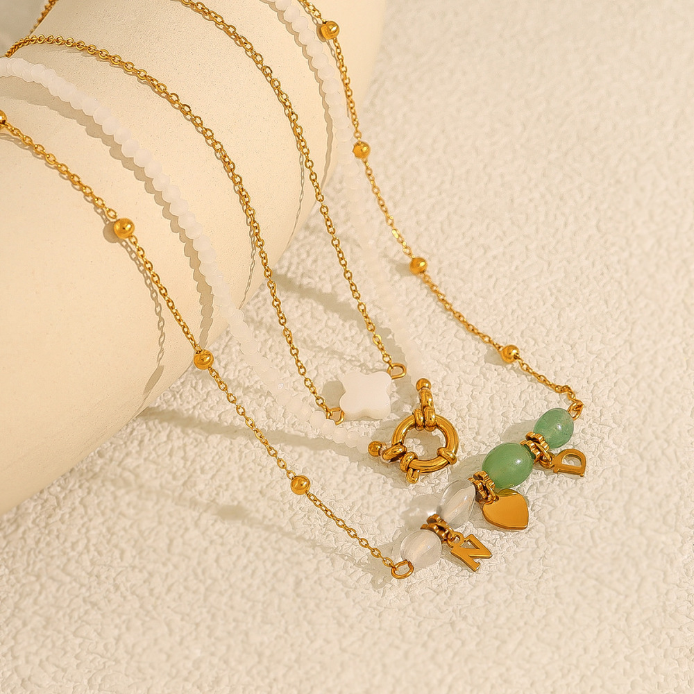 Colliers Pendentifs Romantiques Et Décontractés Pour Femmes, En Acier Inoxydable, Étanches, Couleur Or, Avec Perles De Pierre Naturelle Et Lettres. Image3