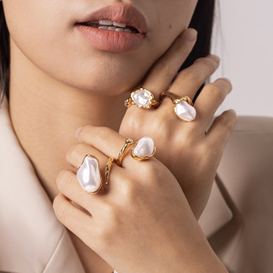 Bagues Pour Femmes En Acier Inoxydable De Forme Irrégulière Rétro, Étanches, Couleur Or, Zircon Et Perle. h5 Image3