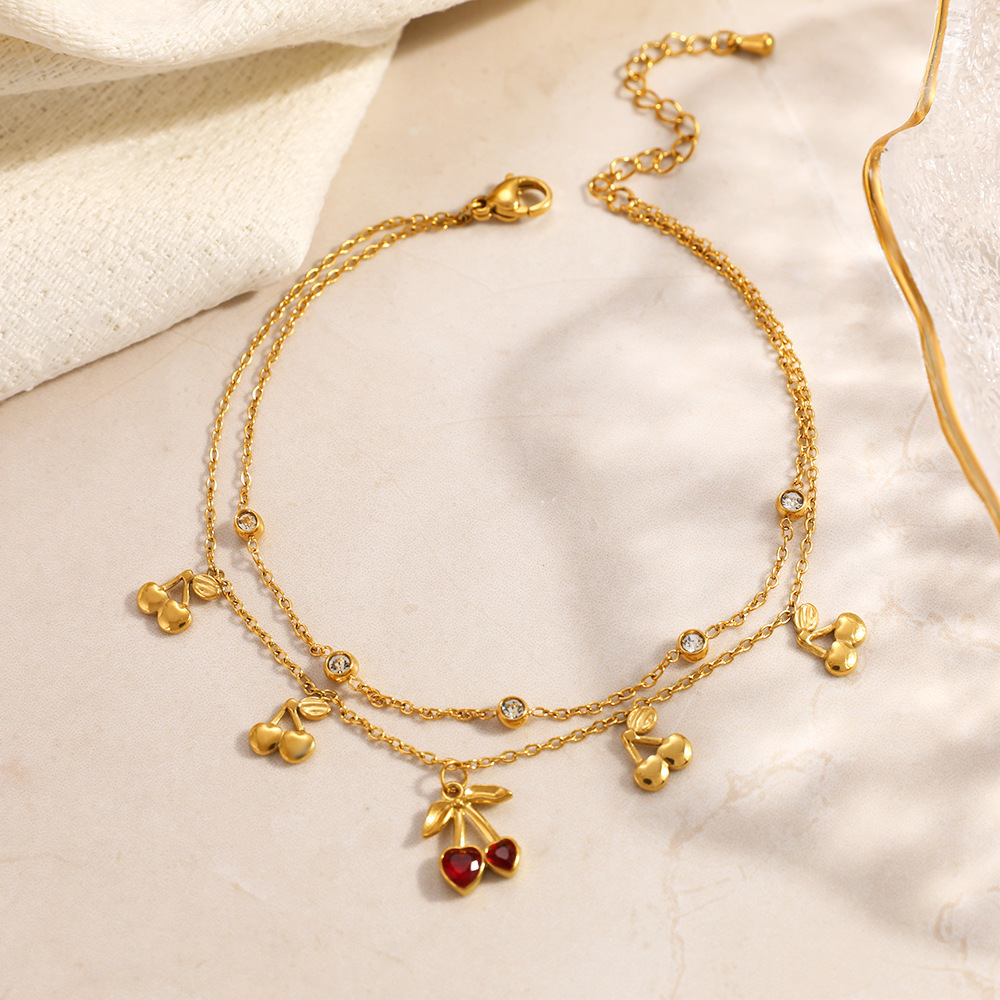 Bracelet De Cheville Sweet Cherry En Acier Inoxydable Étanche Couleur Or Avec Strass h5Image3