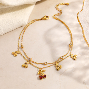 Bracelet De Cheville Sweet Cherry En Acier Inoxydable Étanche Couleur Or Avec Strass h5 Image3
