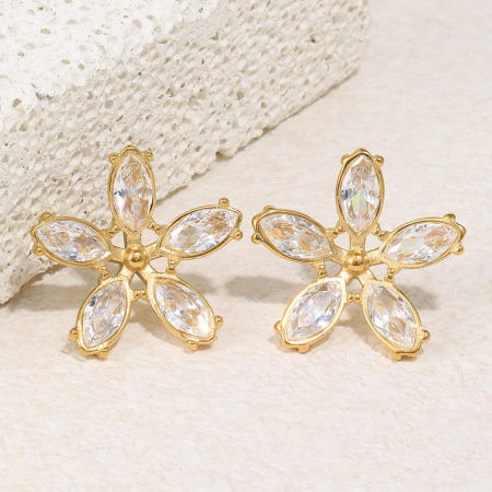 Boucles d'oreilles puces pour femmes Sweet Flower en acier inoxydable étanche couleur or et zircon