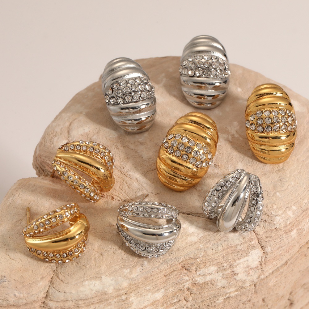 Boucles D'Oreilles Puces Pour Femmes, En Acier Inoxydable Doré, Imperméables, À Rayures Simples Et Ornées De Strass. Image2