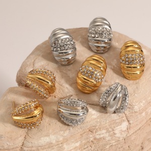 Boucles D'Oreilles Puces Pour Femmes, En Acier Inoxydable Doré, Imperméables, À Rayures Simples Et Ornées De Strass. h5 Image2