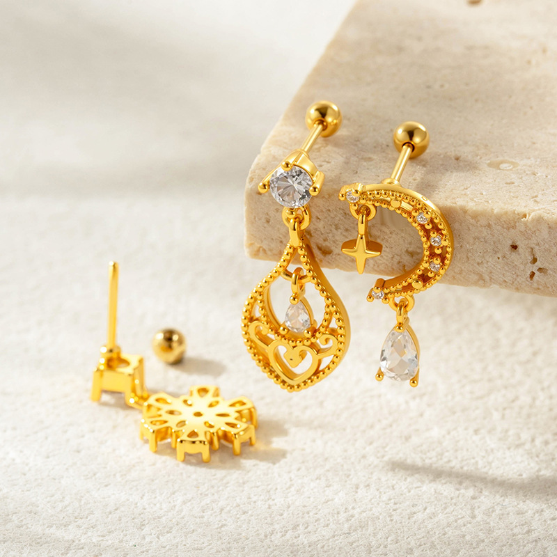 Boucles D'Oreilles Piercing Femme, Motif Papillon Et Fleur Simple, Couleur Cuivre Doré, Zircon. Image3