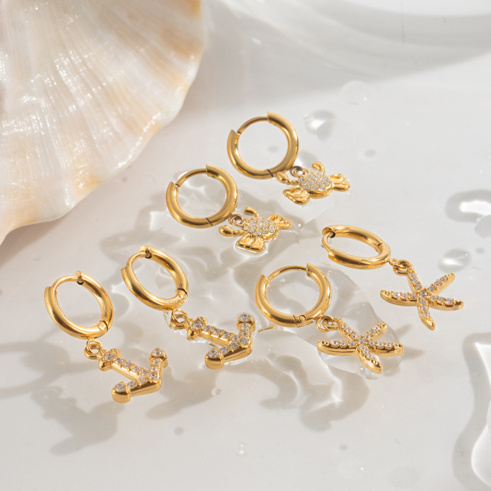 Ensembles De Colliers Pour Femmes En Acier Inoxydable, Style Océanique, Avec Étoiles De Mer Et Zircon Doré, Étanches. Image5