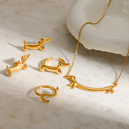 Ensembles de bijoux pour femmes en acier inoxydable imperméable en forme de chien mignon, couleur or, ornés de strass 2