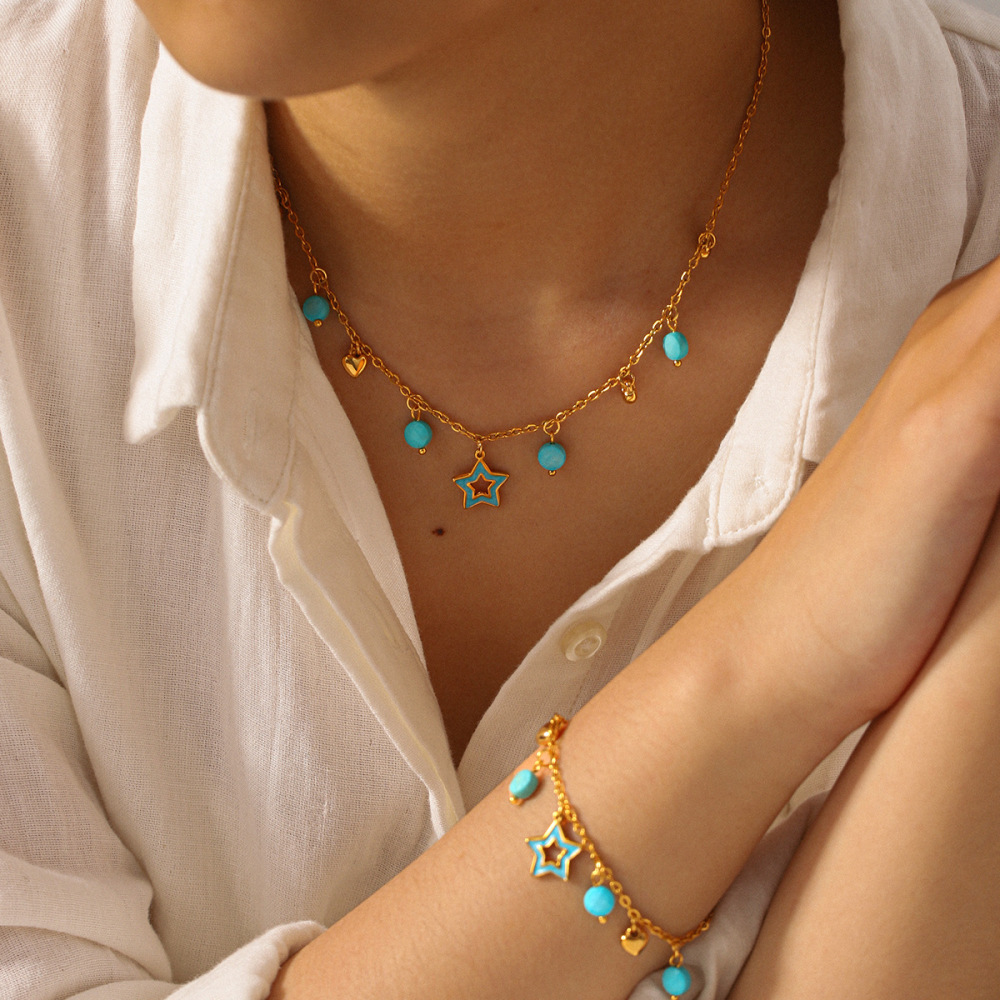 Colliers Pendentifs Pour Femmes Daily Heart Star En Acier Inoxydable Étanche Couleur Or Avec Pierre Naturelle Image5