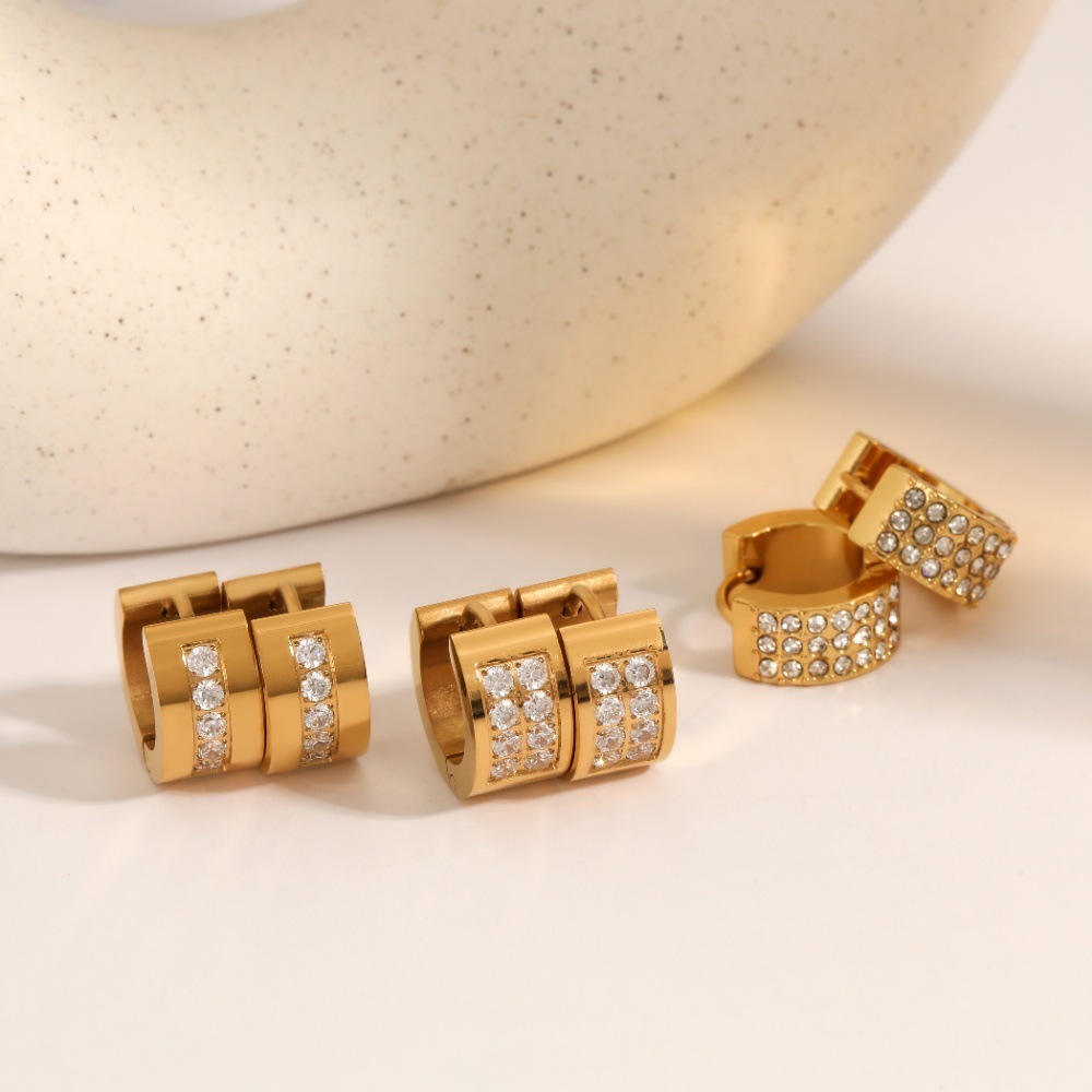Boucles D'Oreilles Classiques Rondes En Acier Inoxydable Imperméable Avec Strass Image2