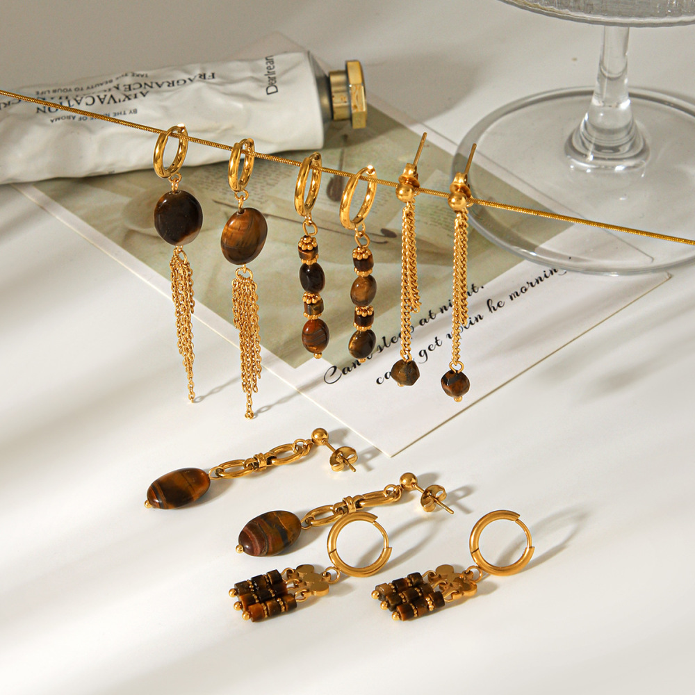 Boucles D'Oreilles Pendantes Pour Femme, En Acier Inoxydable, Imperméables, Couleur Or, Avec Pampilles Et Pierres Naturelles. Image3