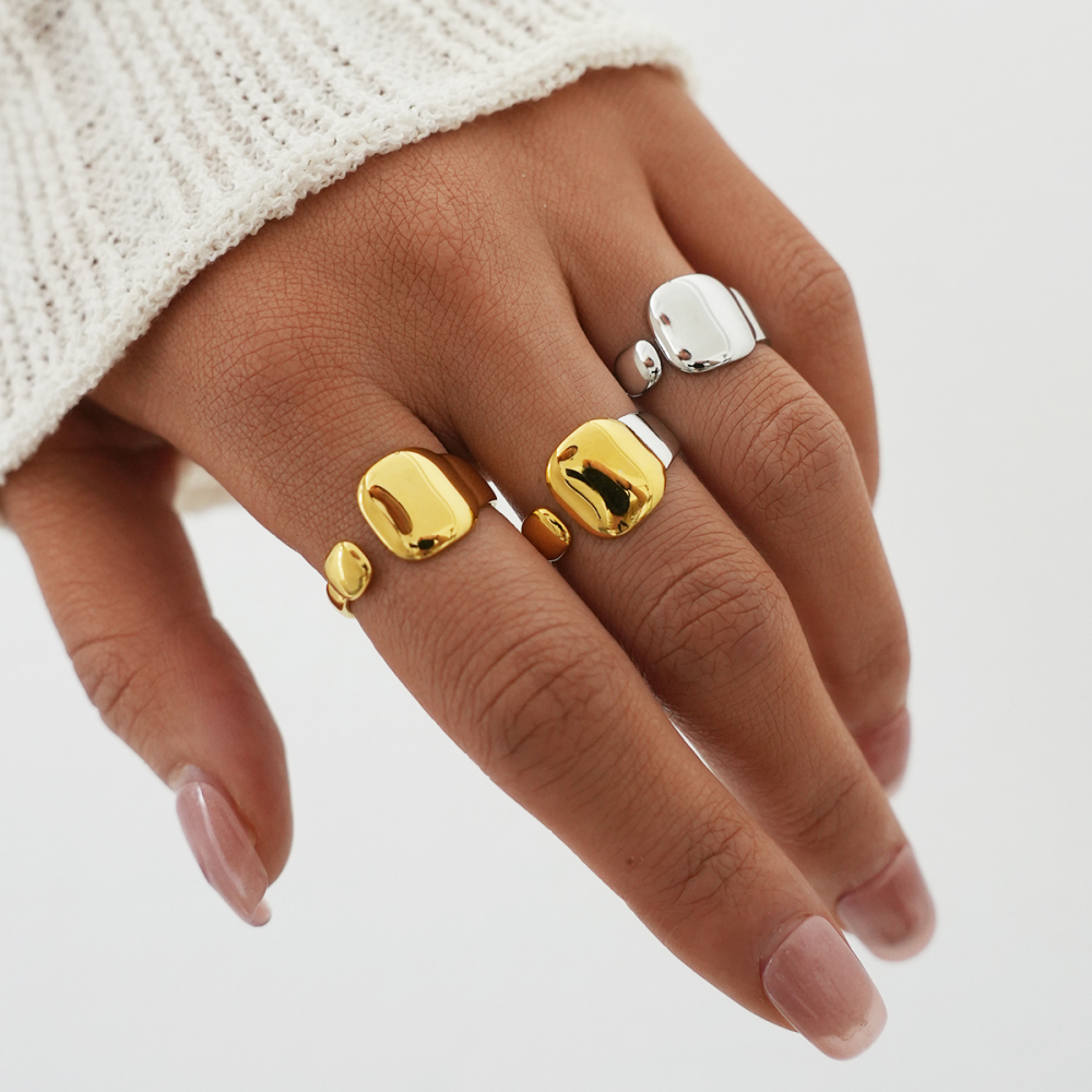 Bagues Tendance Simples Et Élégantes Au Quotidien, De Forme Rectangulaire Irrégulière, En Acier Inoxydable, Couleur Or, Étanches. h5Image3