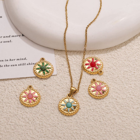 Pendentifs pour femmes en acier inoxydable étanche, couleur or, motif cercle soleil, collection classique à faire soi-même 2
