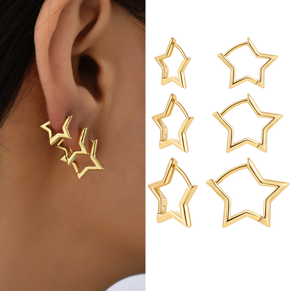 Boucles D'Oreilles Créoles Pour Femmes, Style Classique Cœur Et Étoile, Couleur Cuivre Doré, Collection Simple Series Image3