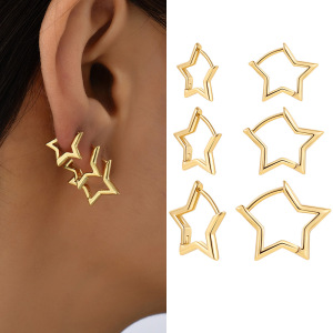 Boucles D'Oreilles Créoles Pour Femmes, Style Classique Cœur Et Étoile, Couleur Cuivre Doré, Collection Simple Series h5 Image3