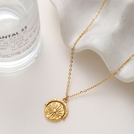 Collier pendentif rétro rotatif soleil et lune pour femme, en acier inoxydable étanche couleur or, pour soulager le stress