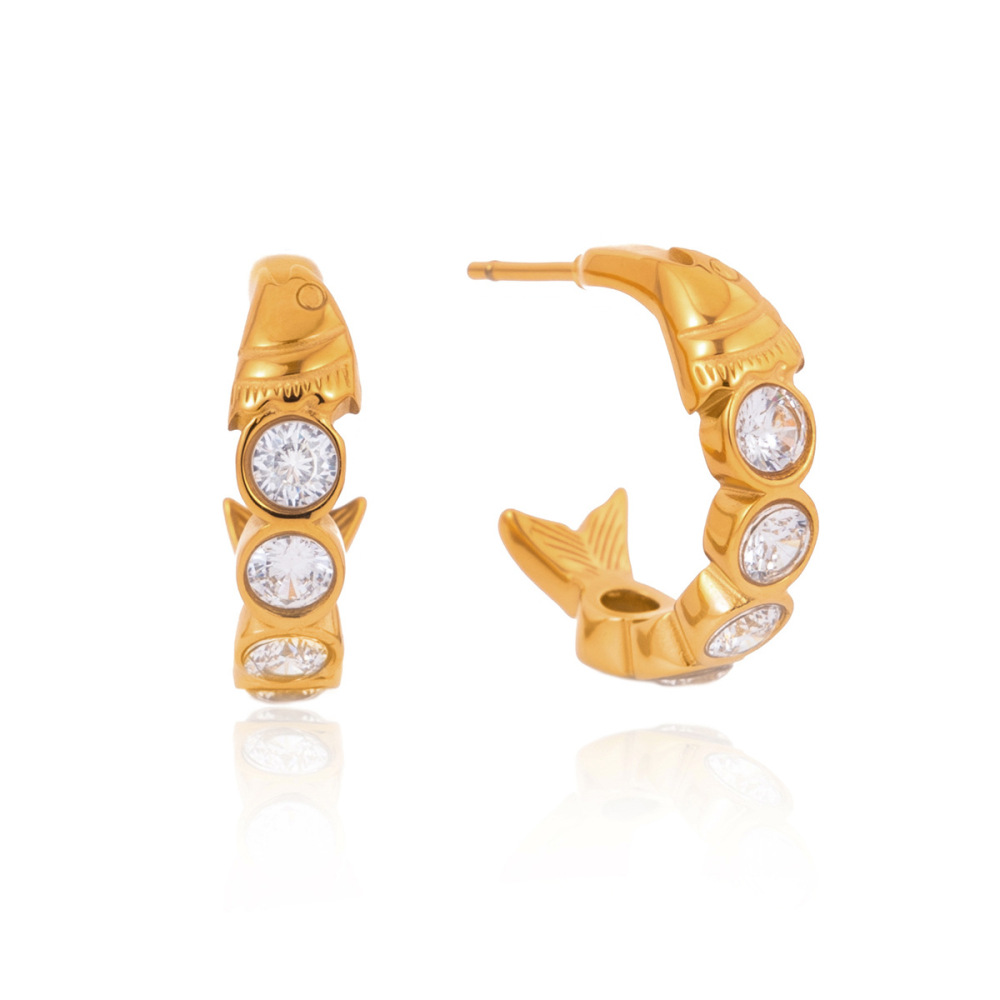 Boucles D'Oreilles Puces Pour Femmes En Acier Inoxydable, Forme Poisson, Couleur Or, Étanches, Avec Zircon. Image5