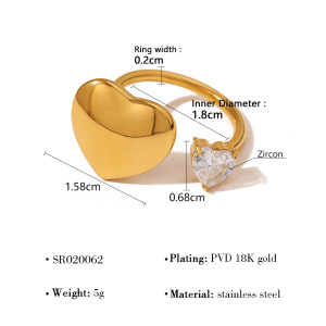 Bagues En Acier Inoxydable Imperméables En Forme De Cœur Simple Avec Zircon Doré h5