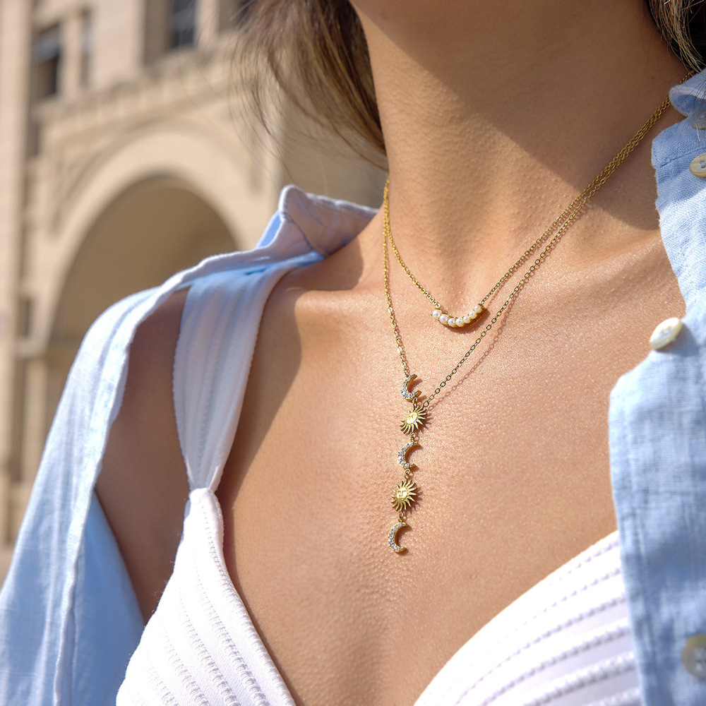 Colliers Pendentifs Pour Femmes En Acier Inoxydable Étanche, Forme Y, Ornés De Strass, Représentant Le Soleil Et La Lune Image2