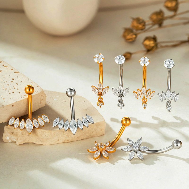 Piercing Nombril En Acier Inoxydable Étanche Couleur Or Avec Zircon Et Motif Floral h5Image3