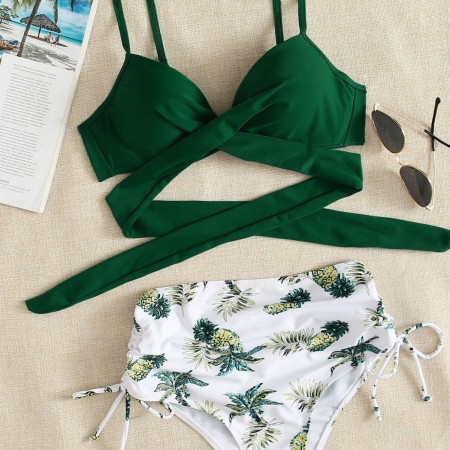 Ensemble bikini en polyester à motif végétal vert transparent 2