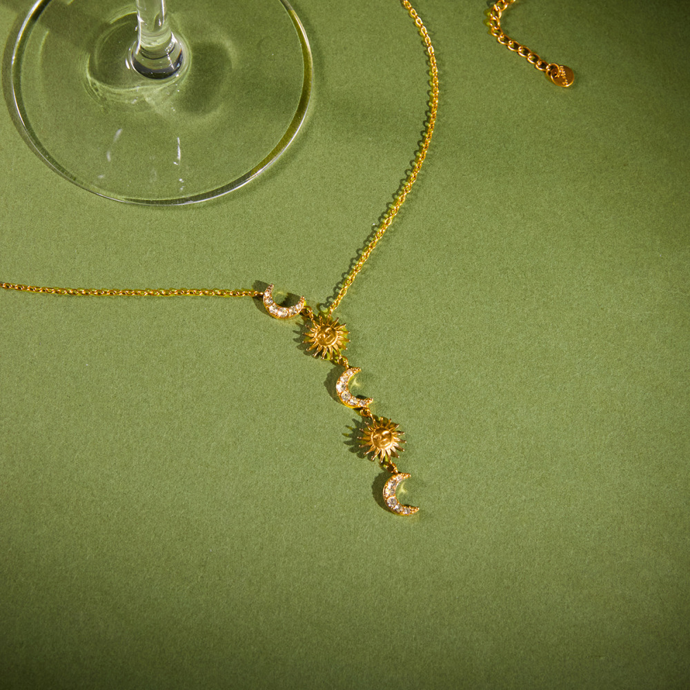 Colliers Pendentifs Pour Femmes En Acier Inoxydable Étanche, Forme Y, Ornés De Strass, Représentant Le Soleil Et La Lune Image4