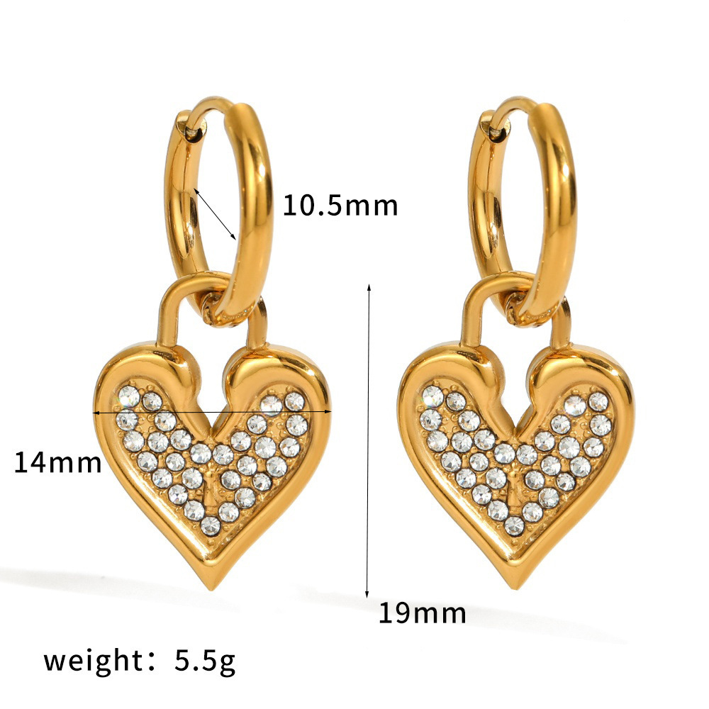 Boucles D'Oreilles Créoles Luxueuses En Forme De Cœur, En Acier Inoxydable, Couleur Or, Étanches, Ornées De Strass.