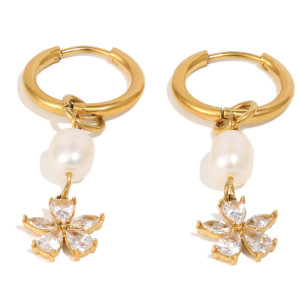 Boucles D'Oreilles Pendantes Pour Femme Sweet Flower En Acier Inoxydable Étanche Couleur Or Avec Zircon h5 