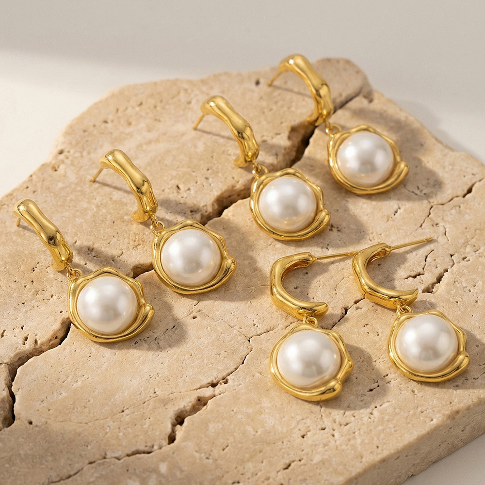 Boucles D'Oreilles Pendantes Élégantes Pour Femmes, En Acier Inoxydable Étanche, Couleur Or, Avec Perles. Image4