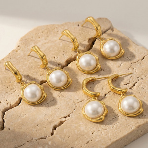 Boucles D'Oreilles Pendantes Élégantes Pour Femmes, En Acier Inoxydable Étanche, Couleur Or, Avec Perles. h5 Image4