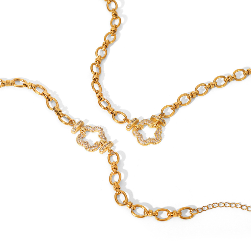 Colliers À Maillons Pour Femmes En Acier Inoxydable, Étanches, Couleur Or, Avec Zircon Et Motif Floral Image6