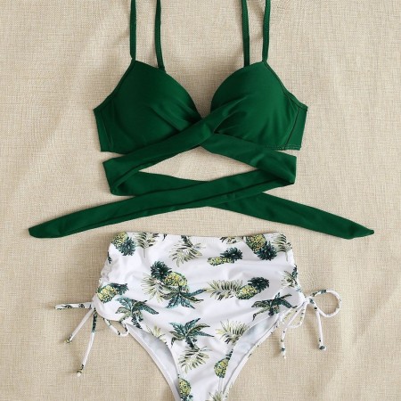 Ensemble bikini en polyester à motif végétal vert transparent