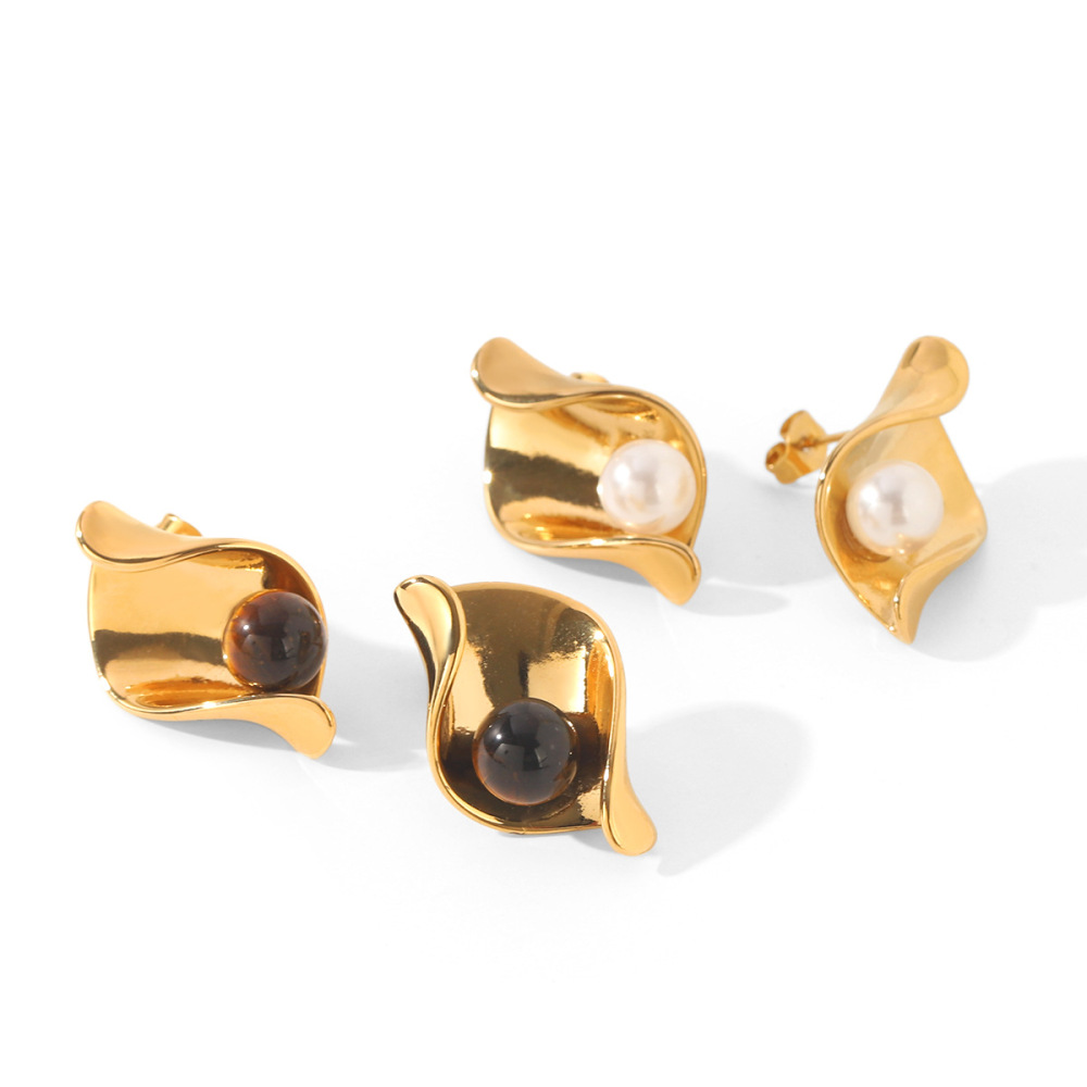 Boucles D'Oreilles Puces Pour Femmes En Acier Inoxydable, Imperméables, Couleur Or, Avec Pierre Naturelle Et Perle. h5Image5