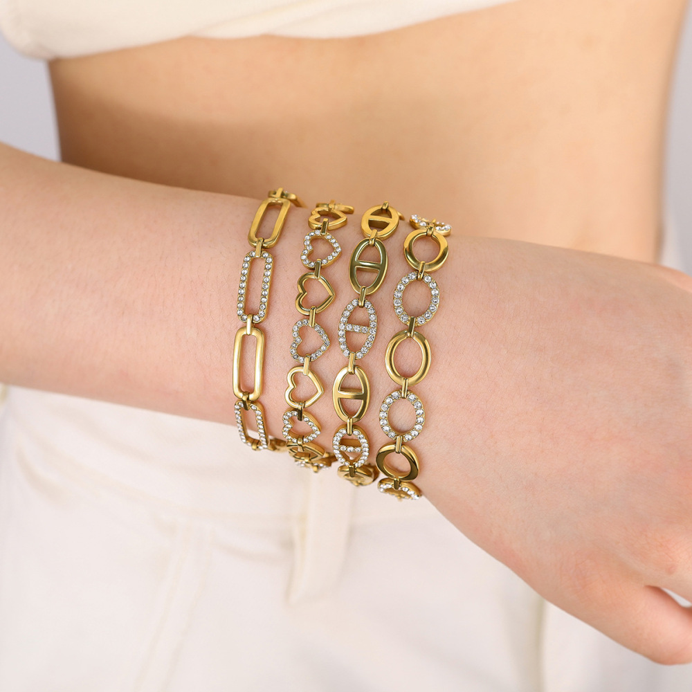Bracelet Chaîne Femme En Acier Inoxydable Doré, Imperméable, Orné D'Un Cristal Et D'Un Cœur Simple, Collection Luxueuse Image2