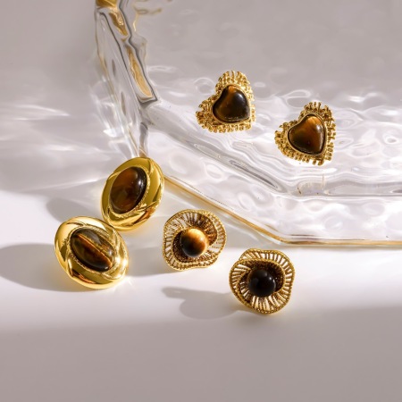 Boucles d'oreilles puces rétro en acier inoxydable, étanches, couleur or, avec pierre naturelle