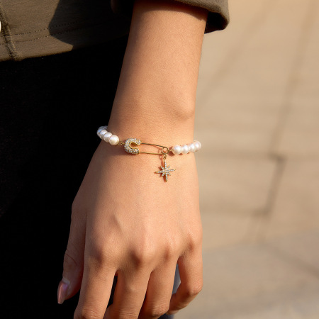 Bracelet classique en perles de nacre et étoile, en acier inoxydable, étanche, couleur or, pour femme