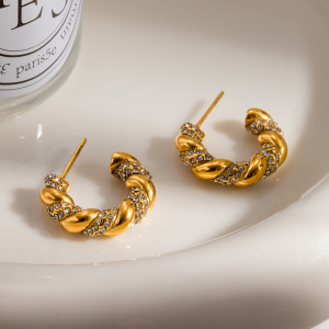 Boucles D'Oreilles Créoles Élégantes Et Luxueuses En Acier Inoxydable Torsadé, Couleur Or, Imperméables Et Ornées De Strass. h5 Image3