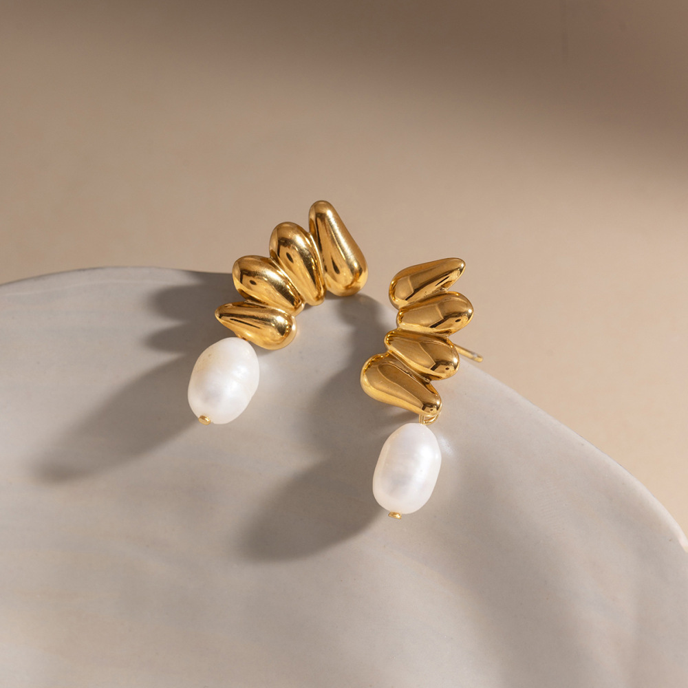Boucles D'Oreilles Pendantes Élégantes Pour Femmes, En Acier Inoxydable Étanche, Couleur Or, Avec Perles. Image3